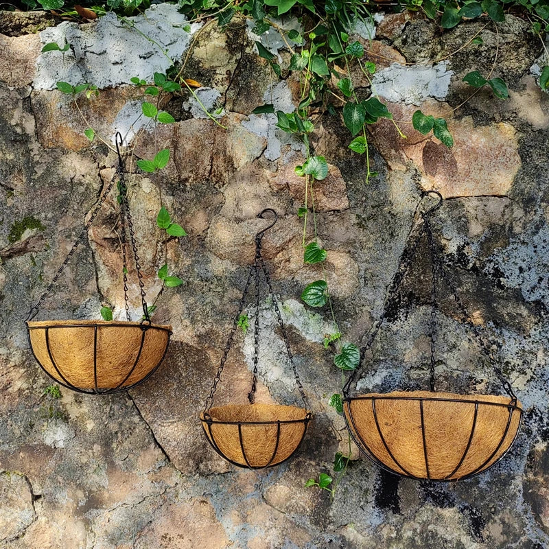 panier suspendu fibre coco chaînes métal marron clair plante verte jardin rustique naturelintérieurextérieur