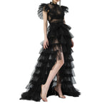 jupe longue noire élégante polyester motif franges fixations soirée cocktail dîner mariage