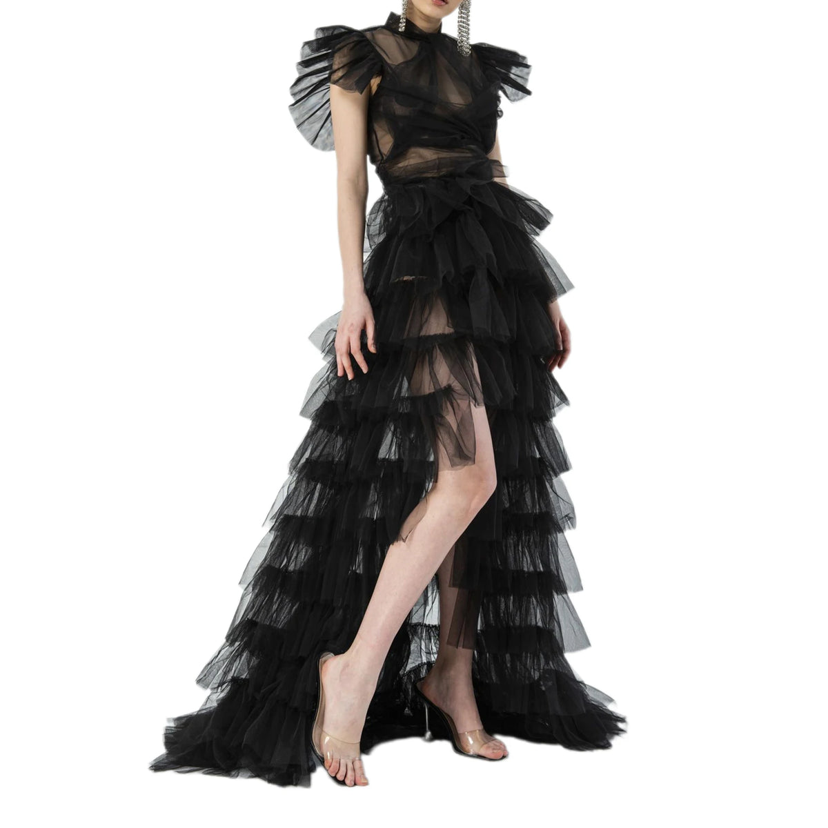 jupe longue noire élégante polyester motif franges fixations soirée cocktail dîner mariage