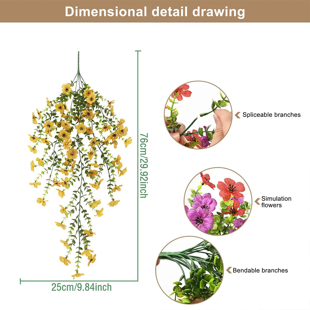 plantes artificielles suspendues fleurs orange jaune vert feuilles vertes moderne extérieur intérieur décoration maison