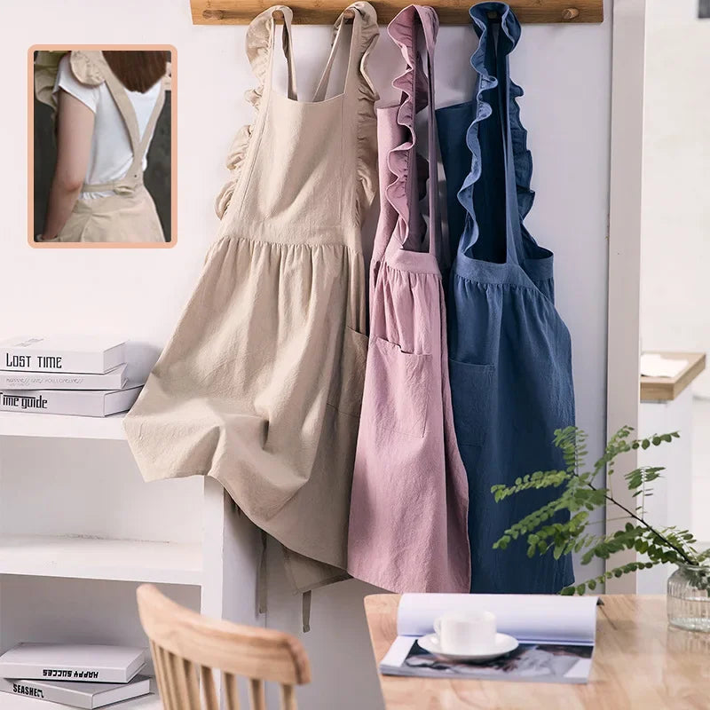 tablier coton vert bleu rose beige poches croisées volants élastiques élégant cuisine pâtisserie