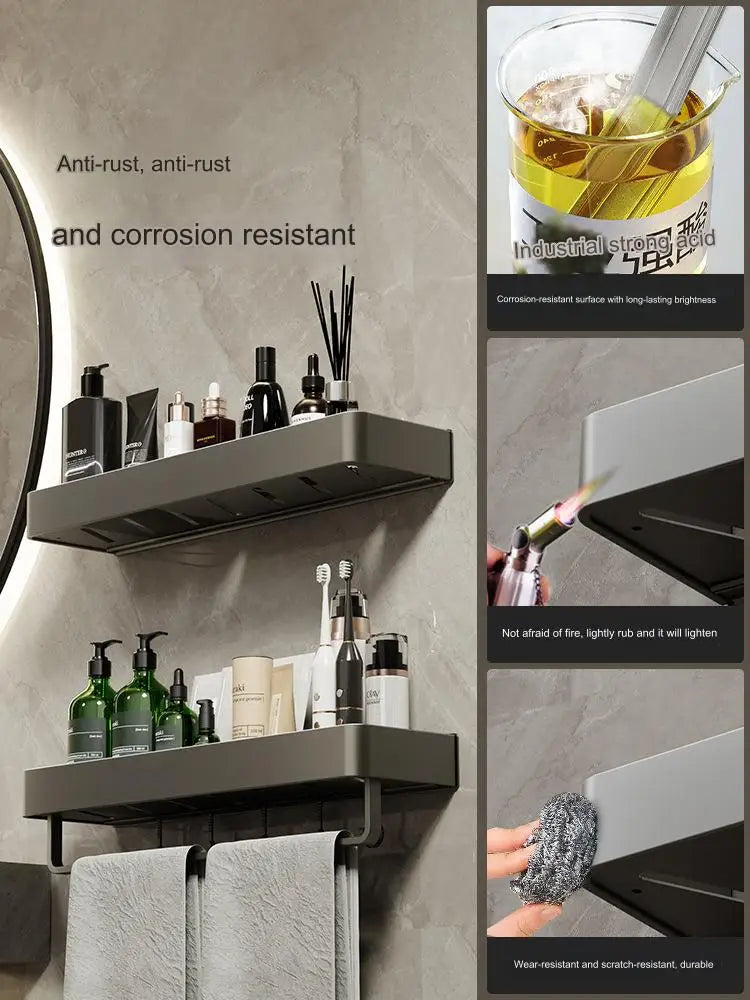étagère murale moderne gris métallisé clips serviettes bouteilles cosmétiques flacons parfum brosse électrique 30cm