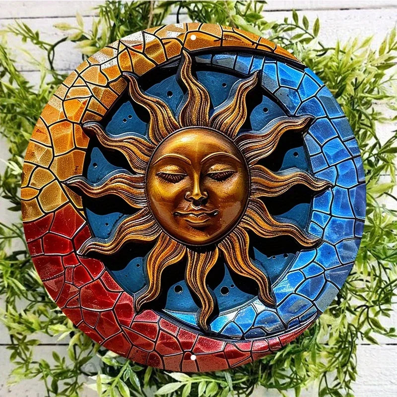 plaques decoratives metal soleil lune or bleu rouge mosaïque modernes chambre salon durable