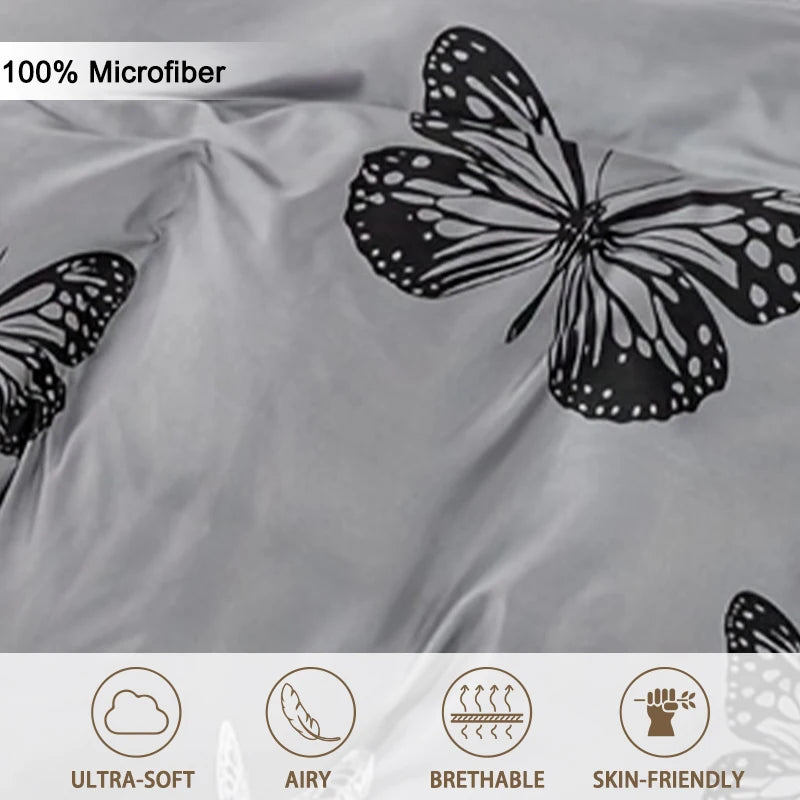 housse couette papillons noirs blancs moderne gris clair taies oreiller ensemble literie polyester