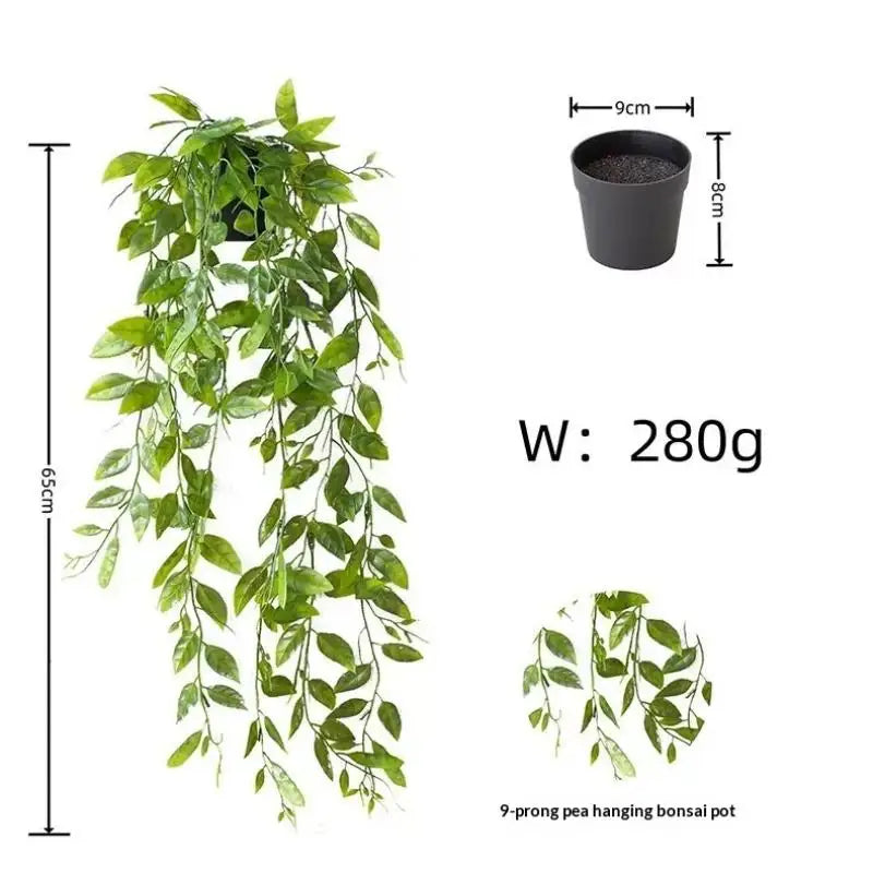 plantes artificielles suspendues vert feuilles fines modernes clips pots noirsextérieur décoration chambre balcon