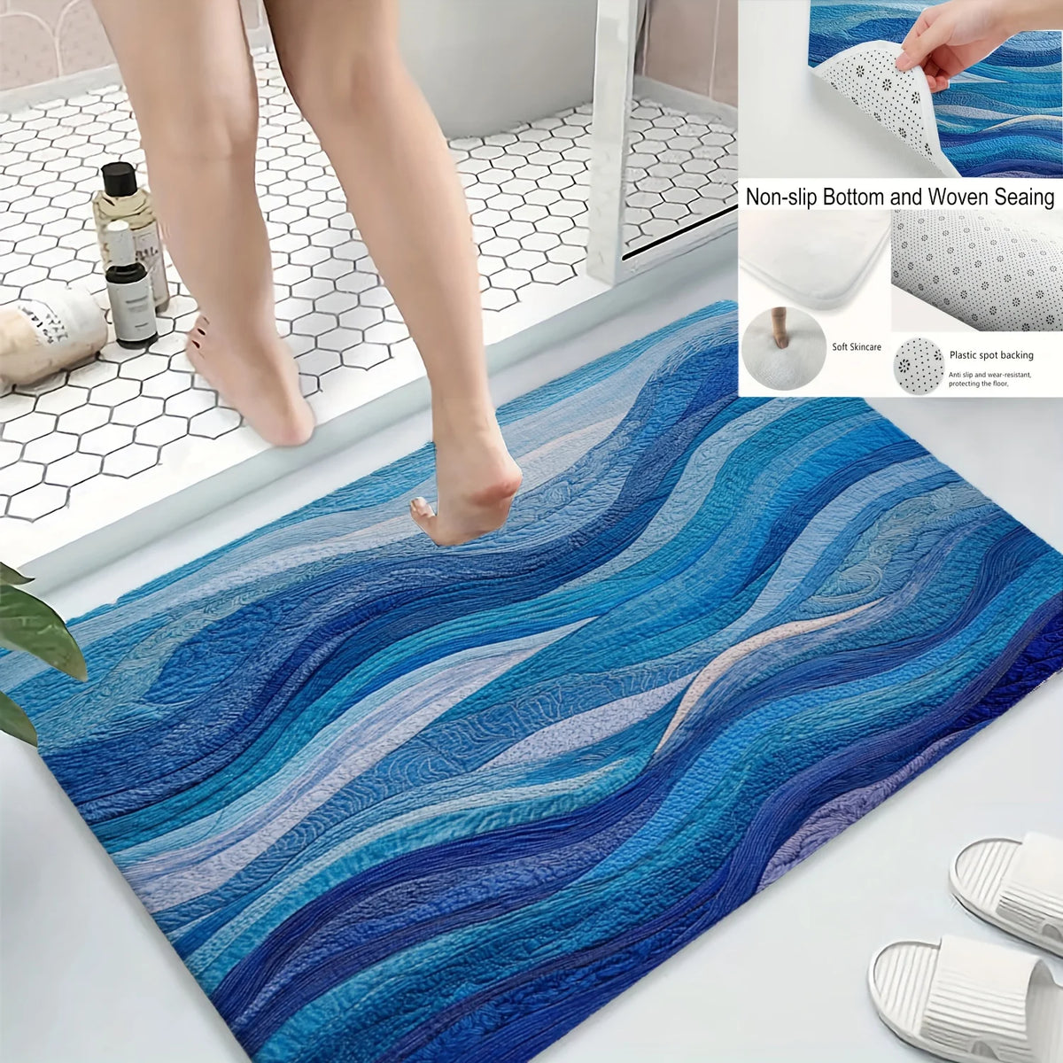 tapis moderne bleu rayures ondulées imperméable antidérapant bain entrée salon extérieur