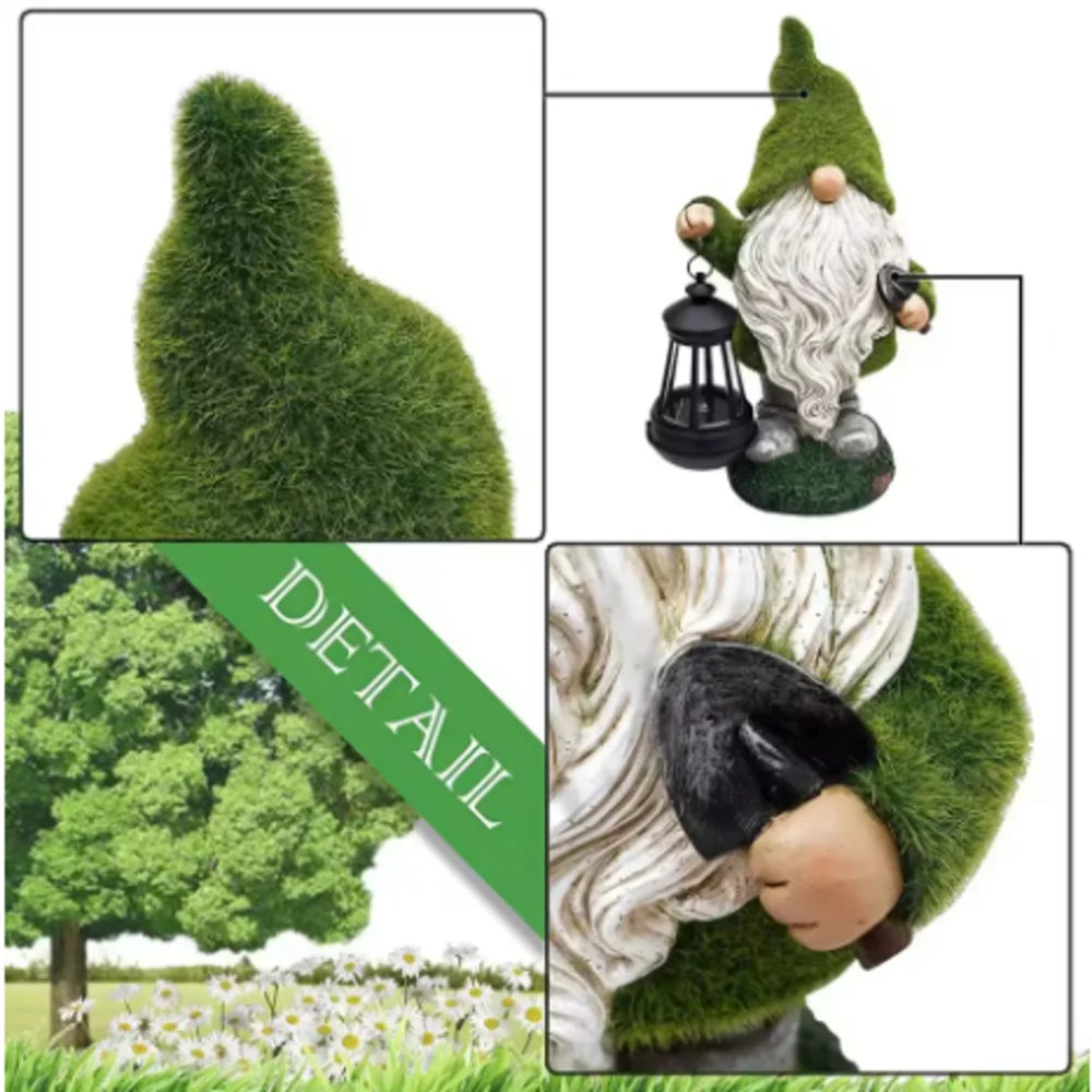statue elfe nain résine lanterne verte barbe blanche motif ajouré lumière solaire patioextérieur