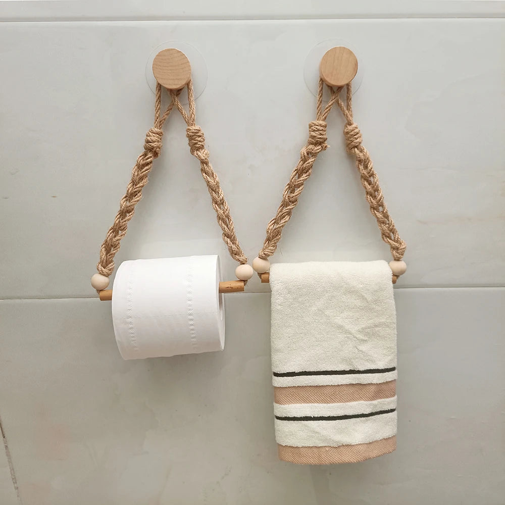 porte papier toilette bohème bois clair beige corde fixations murales rustique 25cm 15cm