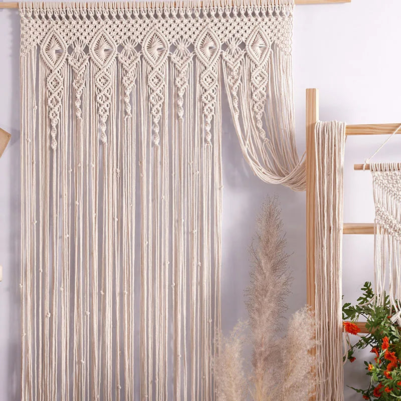 rideau macramé boho chic beige motifs géométriques opacité tissu coton machine eyelets chambre salon