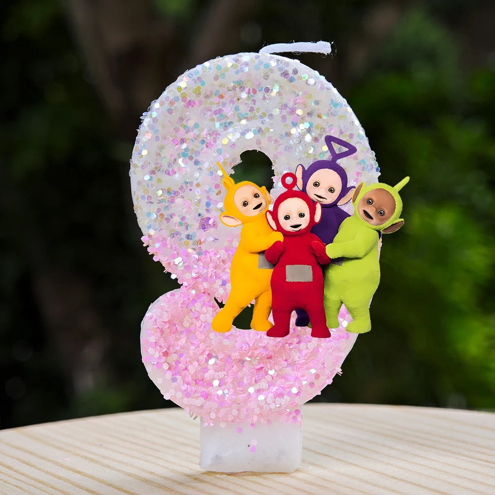 bougies décoratives teletubbies anniversaire enfant blanc rose pailletées brillantes multicolores personnages