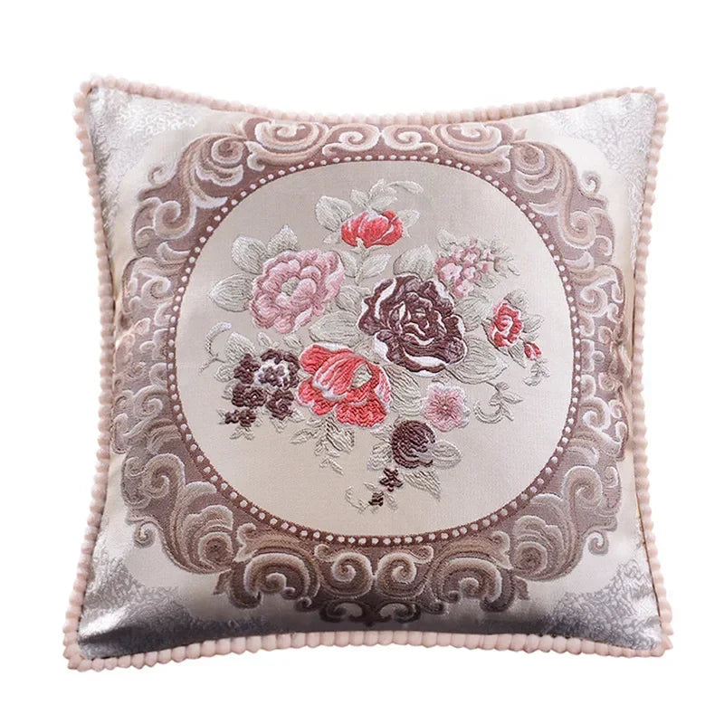 taie d'oreiller polyester broderies florales beige rouge bleu clair marron gris maison hospitalière élégante