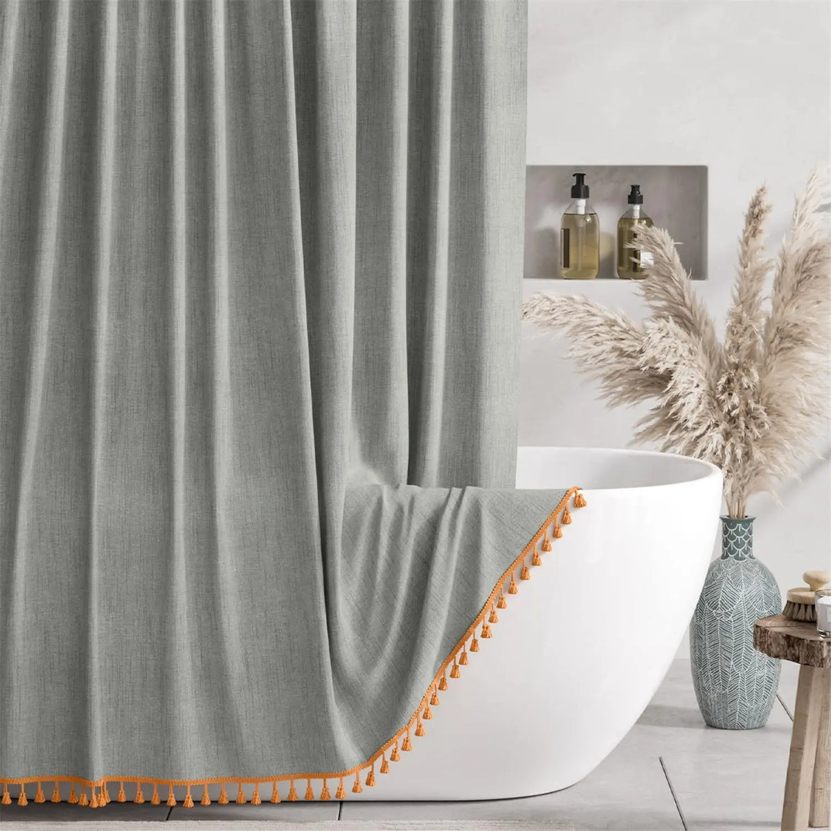rideau douche moderne gris uni polyester respectueux environnement métalliques(franges oranges)
