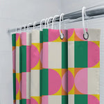 rideau douche moderne géométrique vert rose jaune blanc anneaux fixation 150x180cm