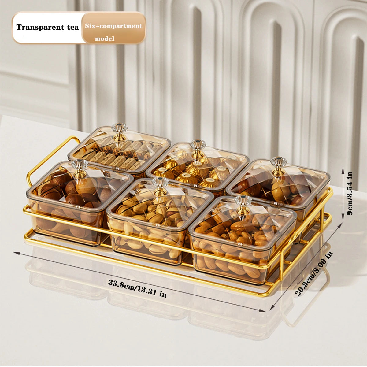plateau compartimenté moderne transparent boîtes alimentaires réutilisables cadre métal doré élégant