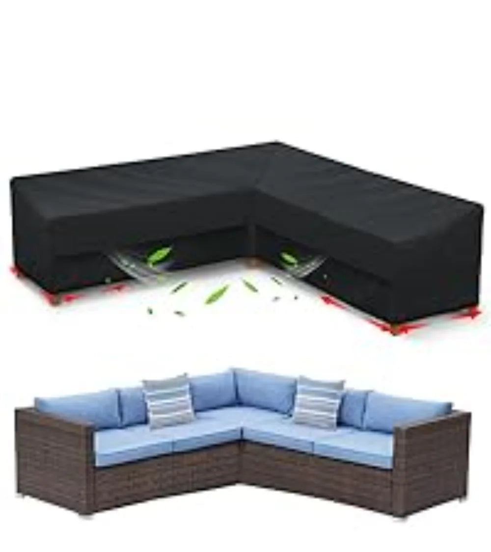 Housse protection canapé d'angle noir tissu oxford revêtement pvc boucles ajustables imperméable intempéries moderne