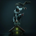 statue grise rouge verte bleue armure cape plumes fantastique médiéval oiseau structure