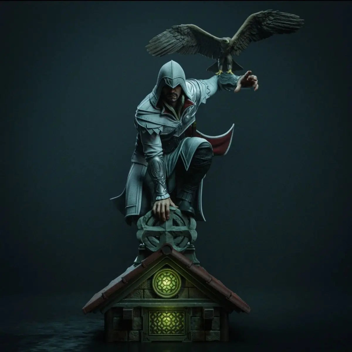statue grise rouge verte bleue armure cape plumes fantastique médiéval oiseau structure