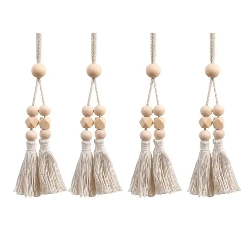 rideau polonais moderne beige uni bois pompons coton accessoires cotonnants