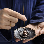 support encens fleur lotus métal noir doré artisanal traditionnel sans fixation brûleur encens salon