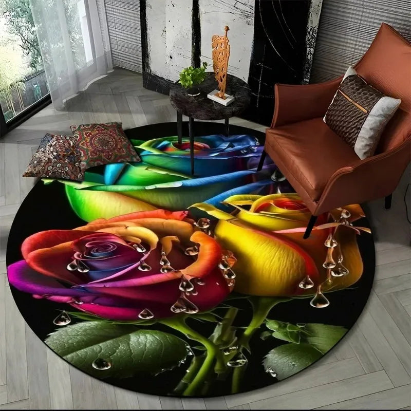 tapis rond moderne polypropylène polyester géométrique bleu jaune rose vert artistique salon chambreextérieur