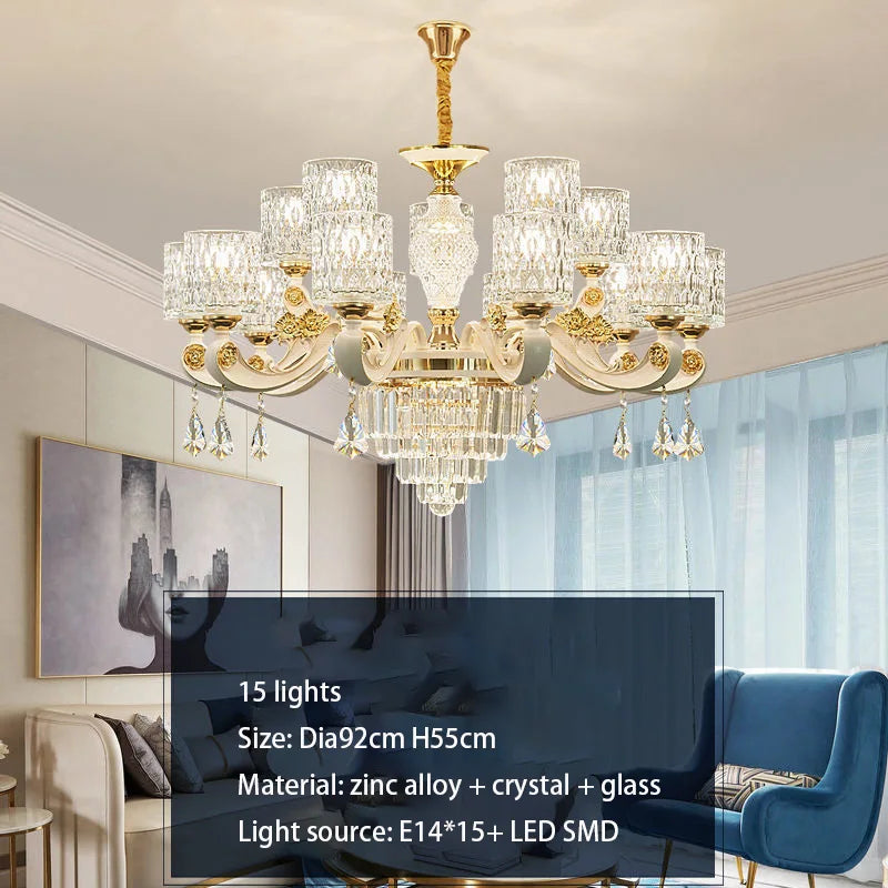 lustre led cristal ornementation dorée contemporain salon salle manger villa