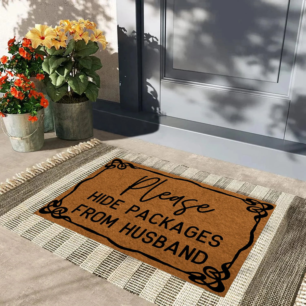 tapis d'entrée caoutchouc antidérapant résistant antibactéries marron lettrage bordure classiqueextérieur salonporte