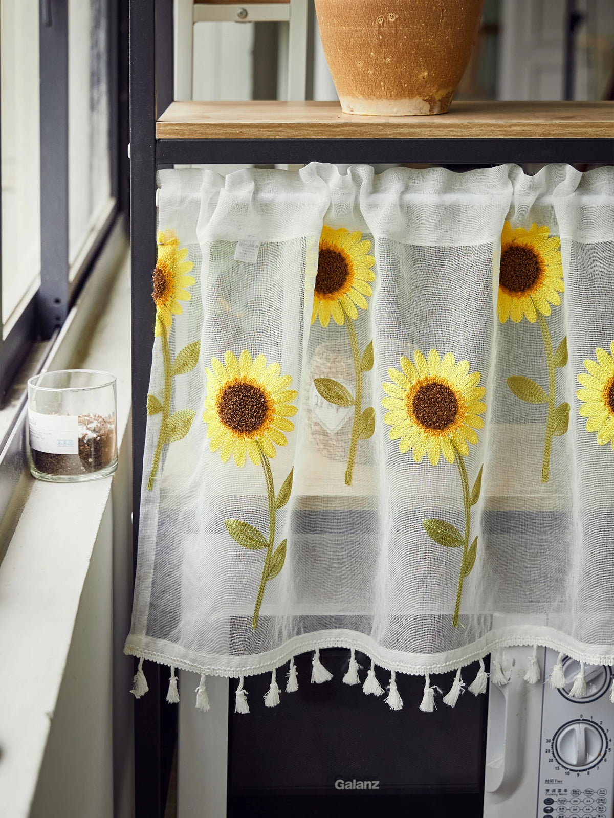 rideau blanc tournesols brodés feuilles vertes franges fenêtre japonais coréen translucide