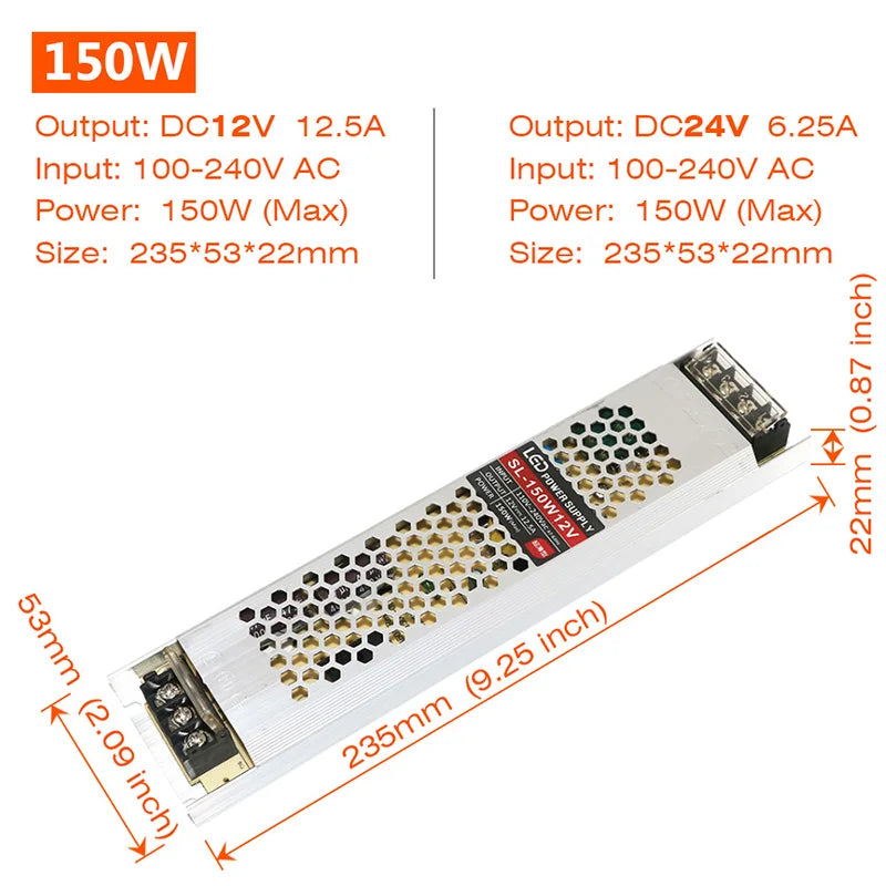 alimentation led ultrafine 12v 24v 60w 100w blanc grille perforations fixations vis