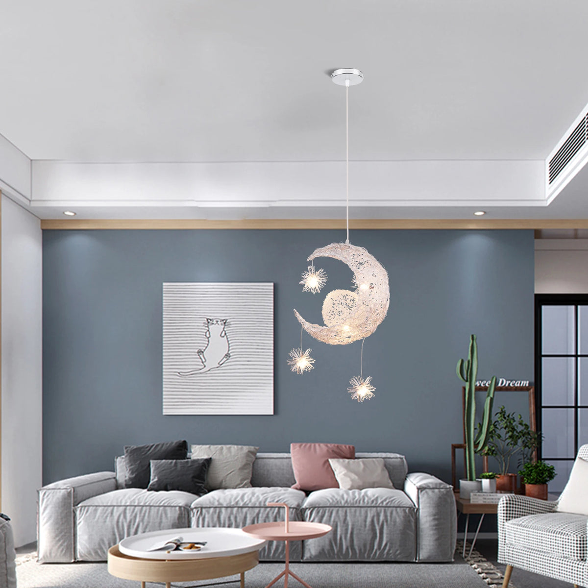 lampe suspendue moderne lune étoiles blanc doré salon chambre led