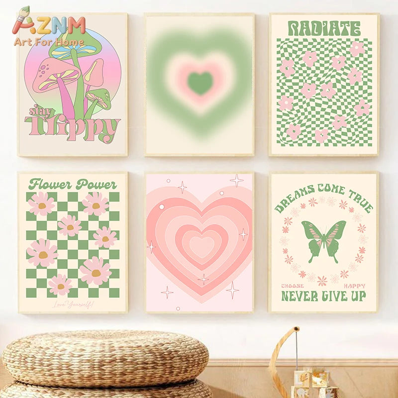 affiche murale cadre bois motif champignon papillon coeur pastel salon moderne décoration intérieure