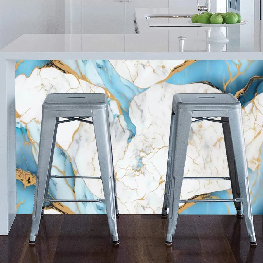 papier peint autoadhésif marbre moderne blanc bleu doré résistant humidité sans formaldéhyde