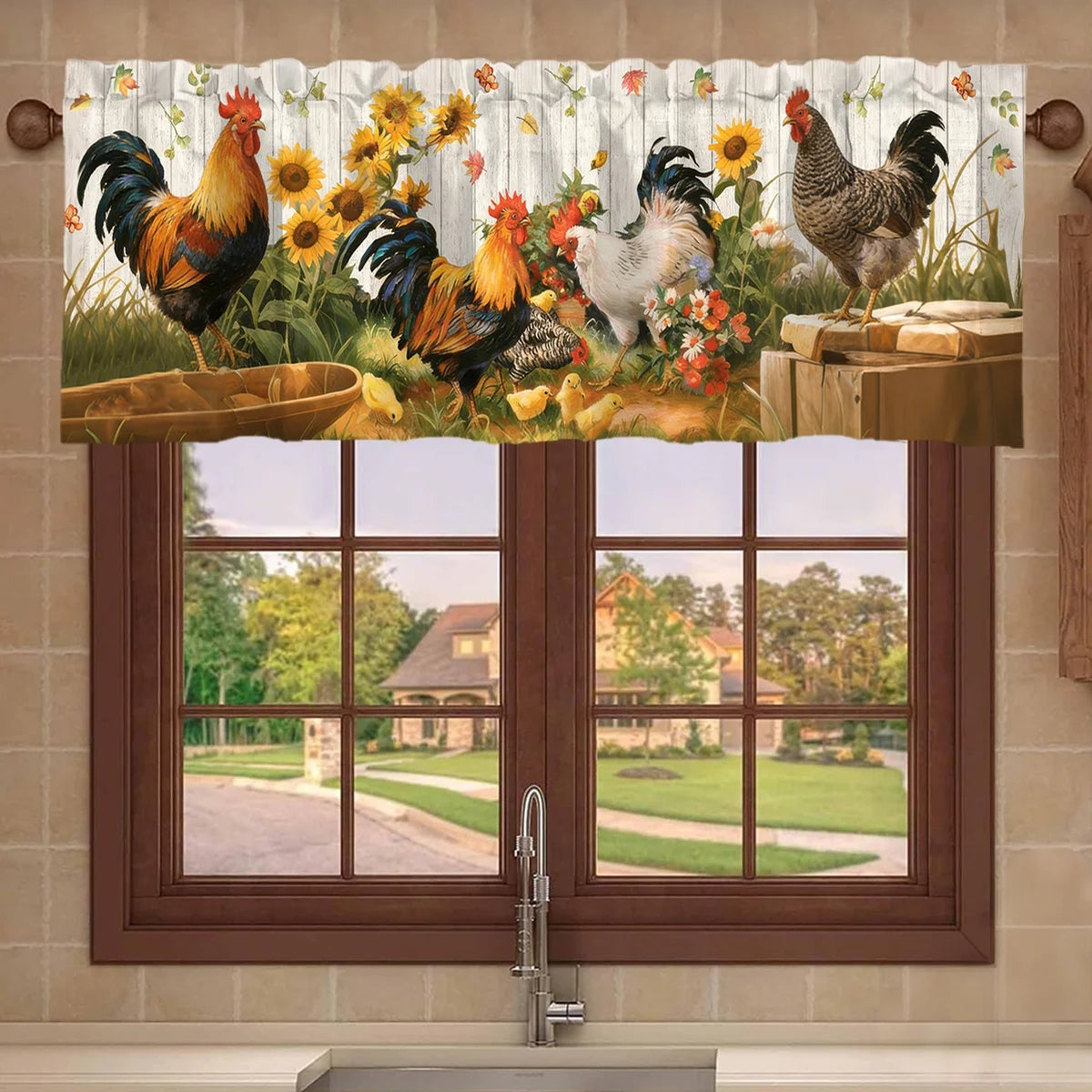 rideau fenêtre multicolore coq tournesol décoratif paysagerintérieur 140x45cm polyester