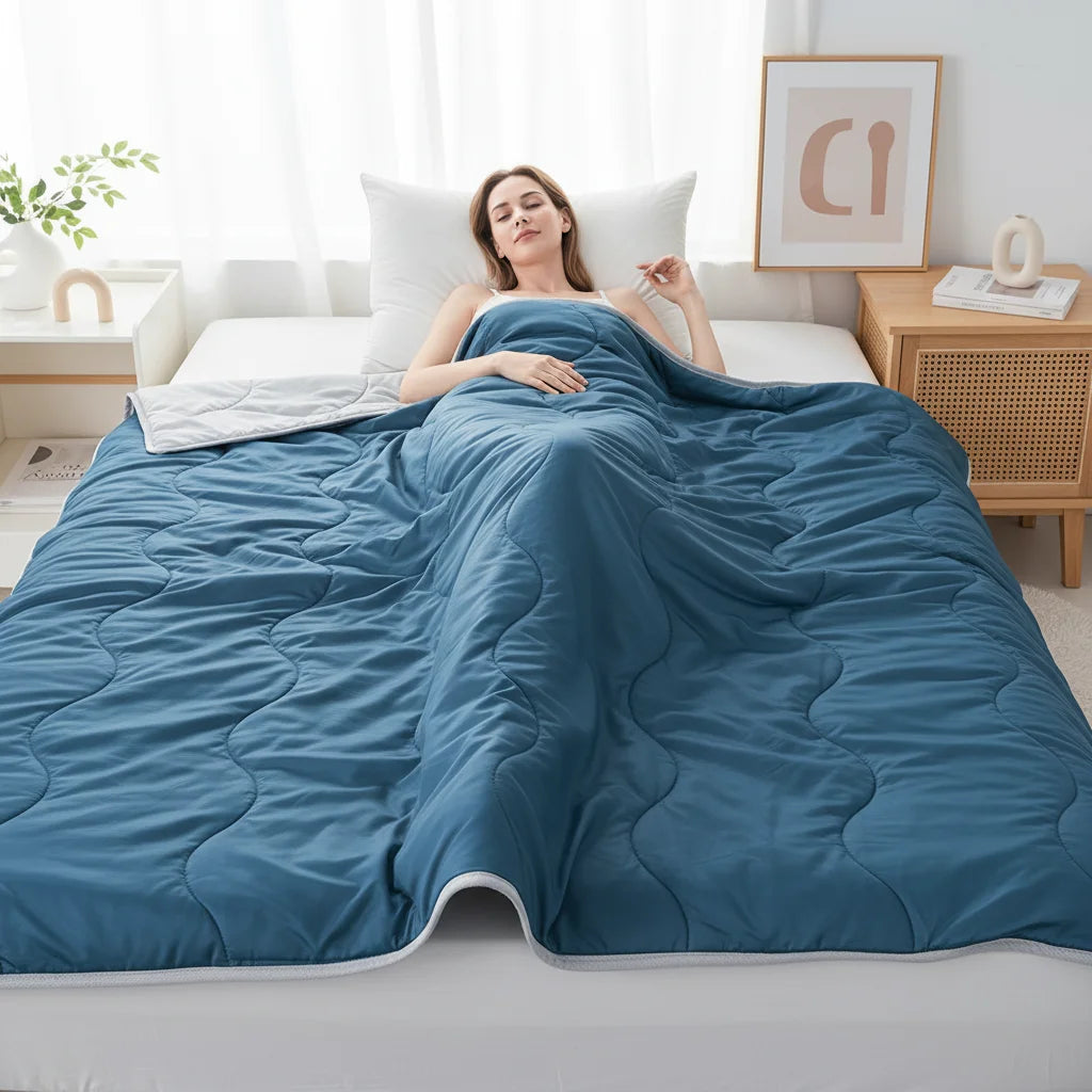 couette légère été soie glacée coton polyestère motif géométrique bleu moderne 150x200cm fixations oreiller