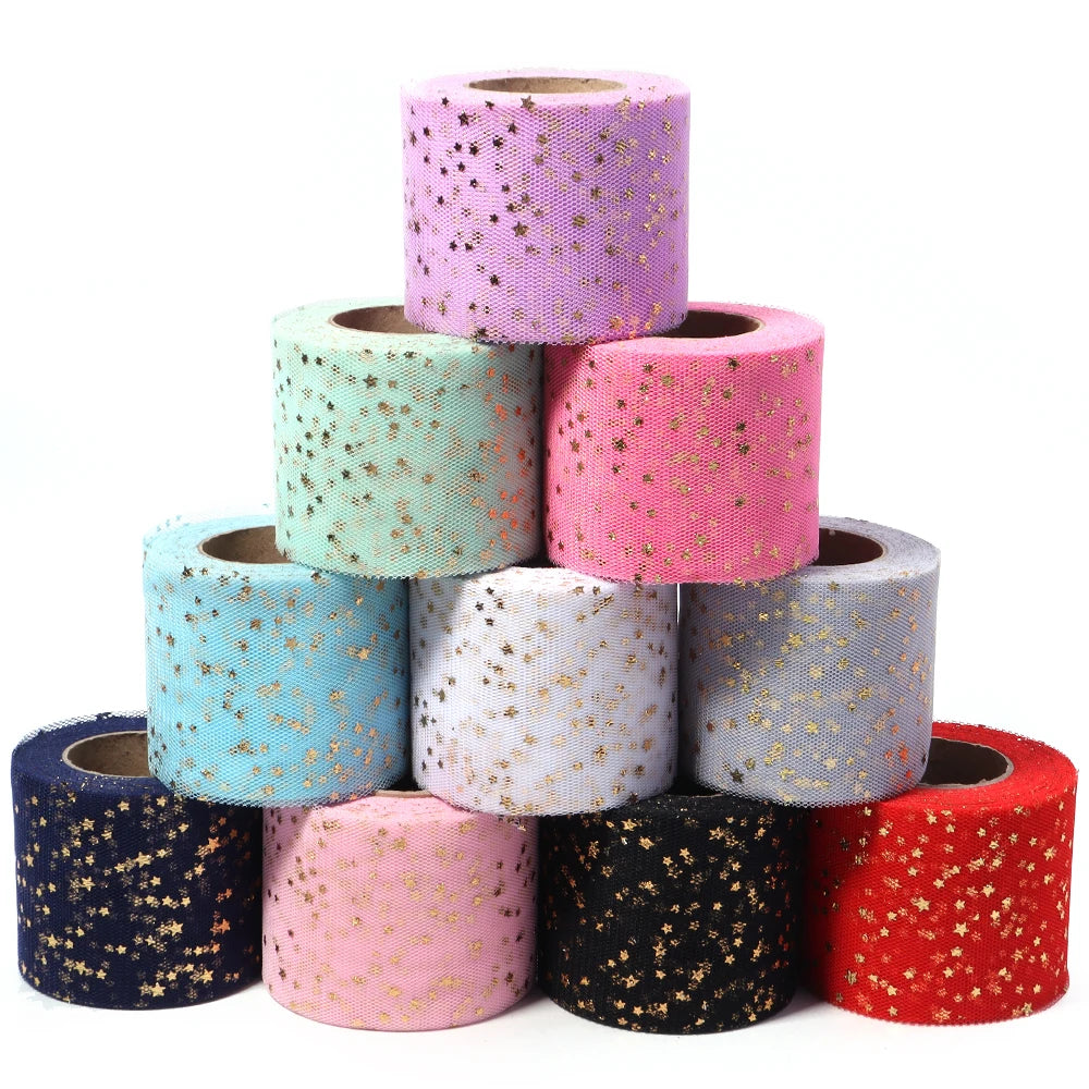 rubans tulle 6cm largeur étoiles dorées bleu rose rouge noir vert translucides