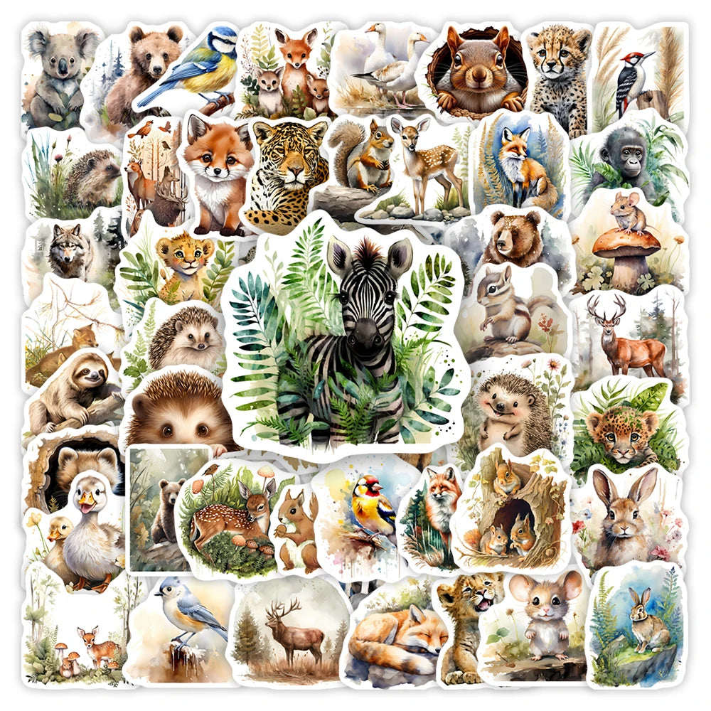 stickers animaux forêt multicolores aquarelle adhésifs imperméables usage unique pc eau carnet notes modernes