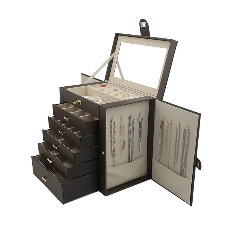 boîte bijoux simili cuir moderne noir rose blanc poignées métalliques rangements multiples velours intérieur