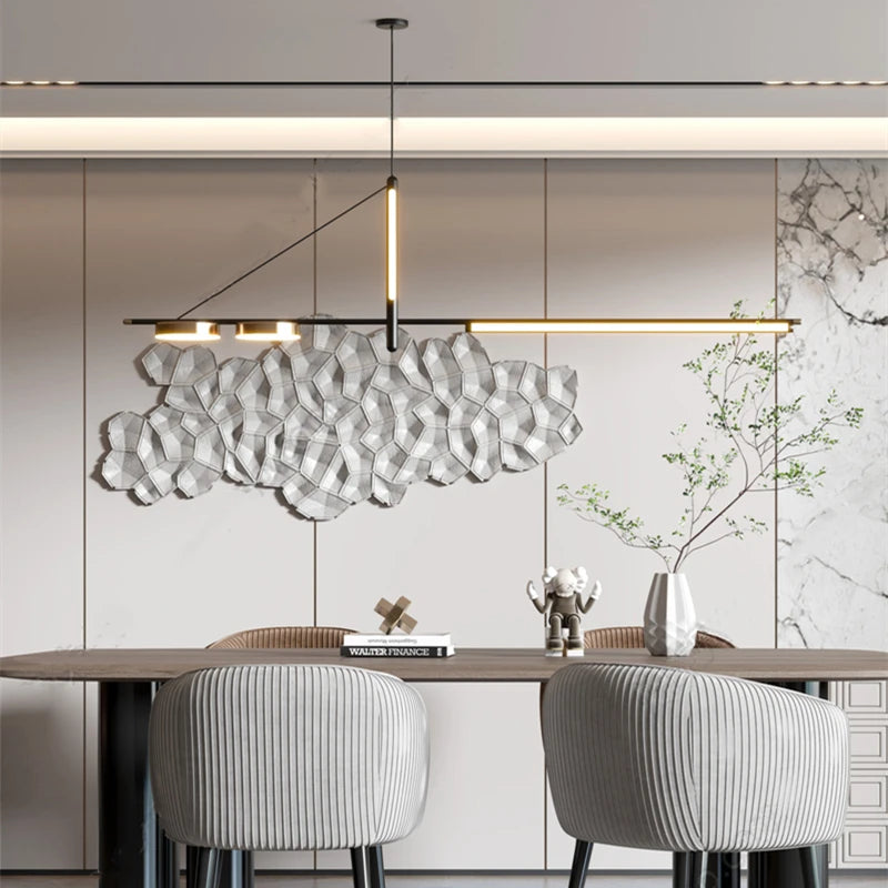 Suspension lumineuse moderne ligne épurée noir doré lumière blanche contemporaine élégante