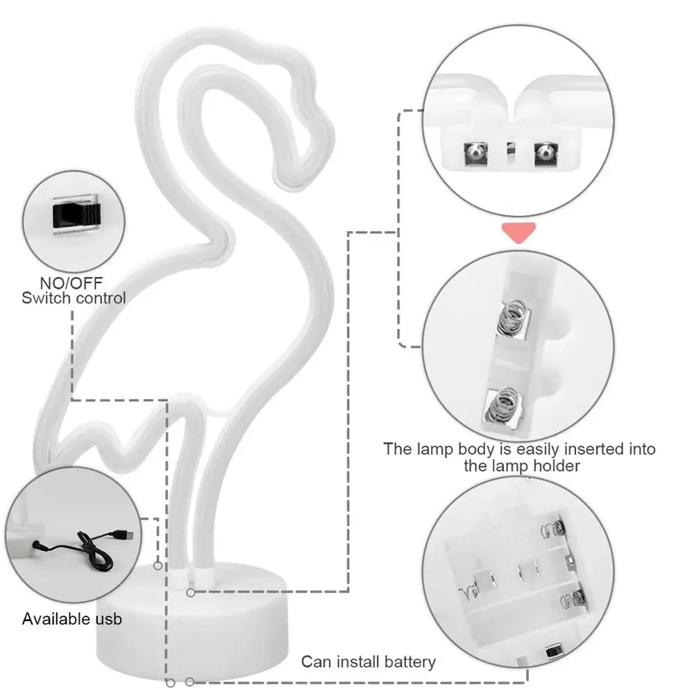 lampe néon flamant rose stylisé moderne interrupteur usb batterie vacances chambre deco