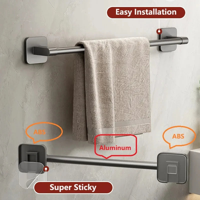 porte serviettes mural adhésif gris lisse moderne salle bain support rangement barre horizontale fixe