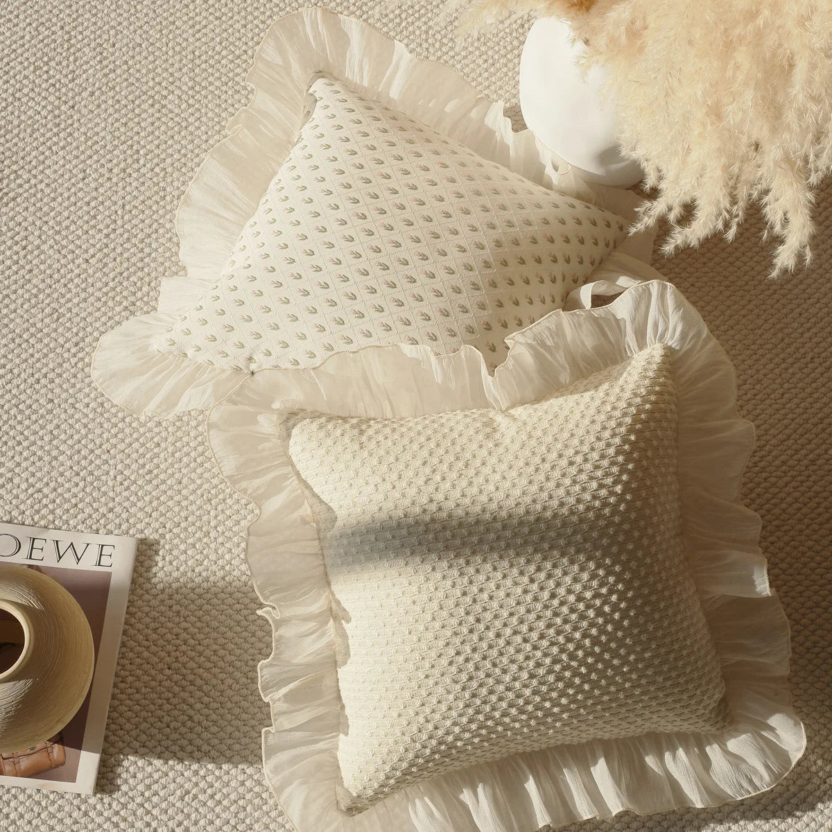 housse coussin polyester imprimé floral vintage romantique beige marron orange pointillé øllets square rectangle