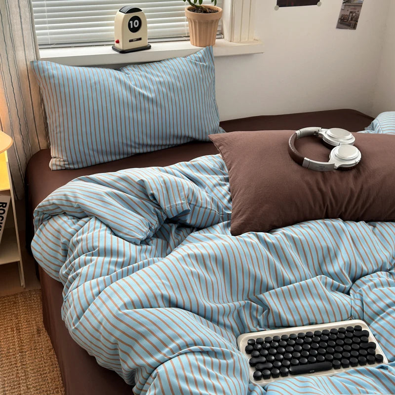ensemble literie moderne rayures bleu marron housse couette taies oreiller adultes chambre