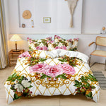 ensemble literie floral motif roses baroques couleurs or vert rose blanc double king queen