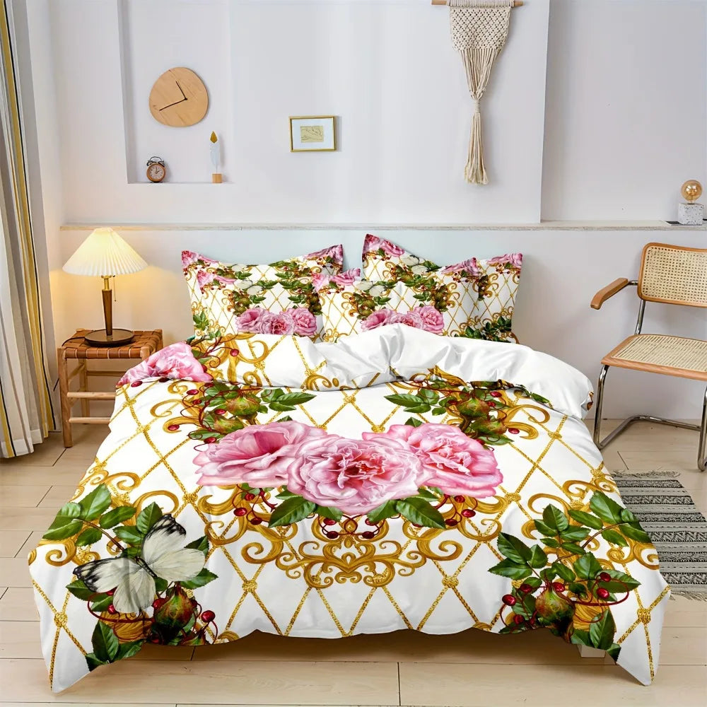 ensemble literie floral motif roses baroques couleurs or vert rose blanc double king queen