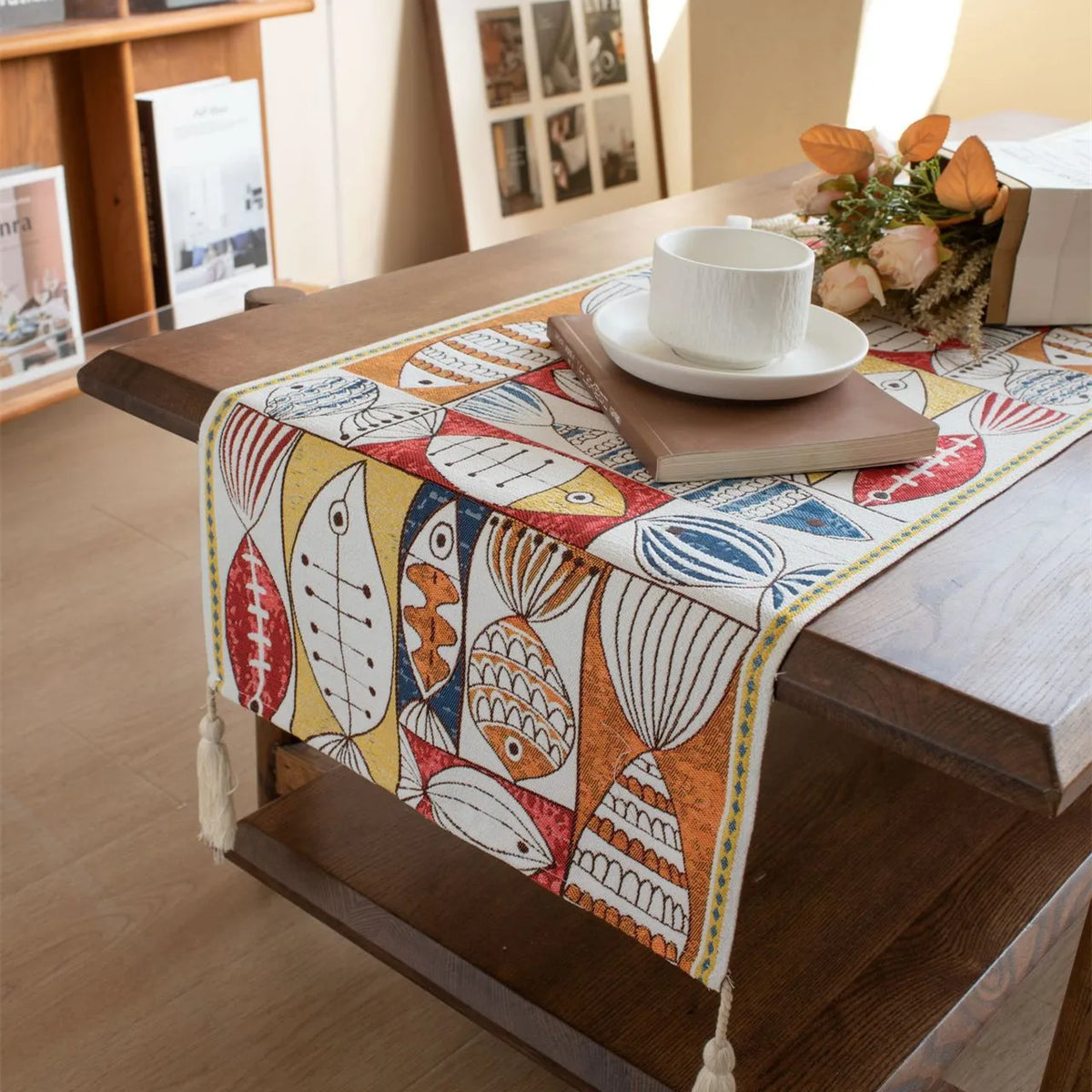 chemin table moderne multicolore motif poissons décoratif tassel blanc polyester coton