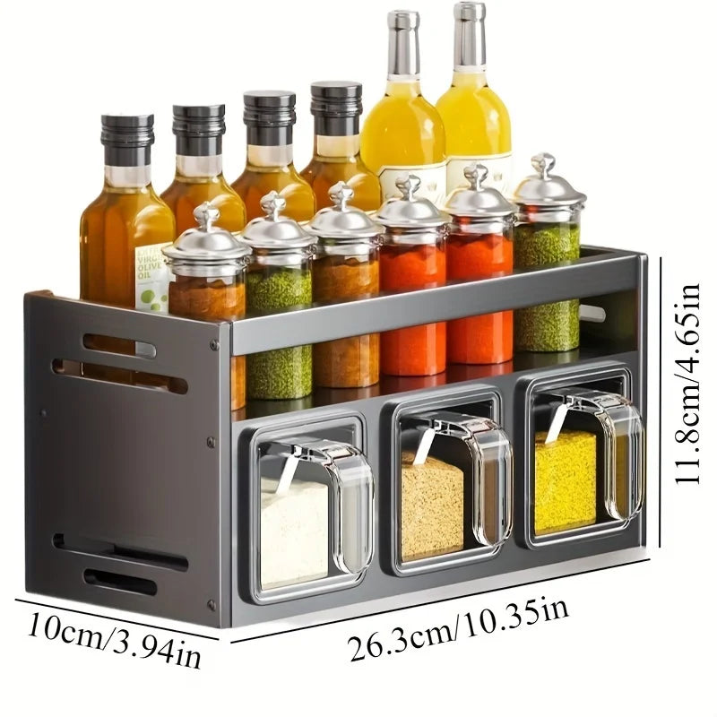 étagère murale adhésive moderne gris épices condiments boîtes transparentes couvercle rangement cuisine sans perçage