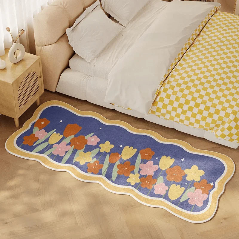 tapis moderne fleurs tulipes blanc rose vert bleu orange décoratif polyester antidérapant lavable