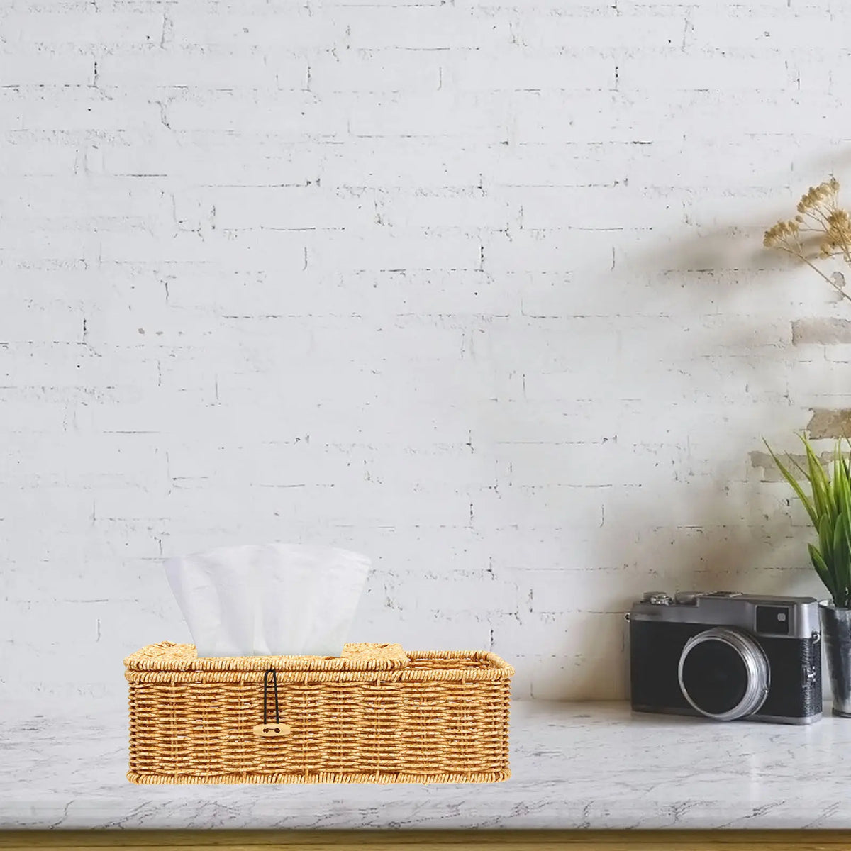 boîte mouchoirs tissu tressée rustique conteneur serviettes rangement table ouverte fond blanc