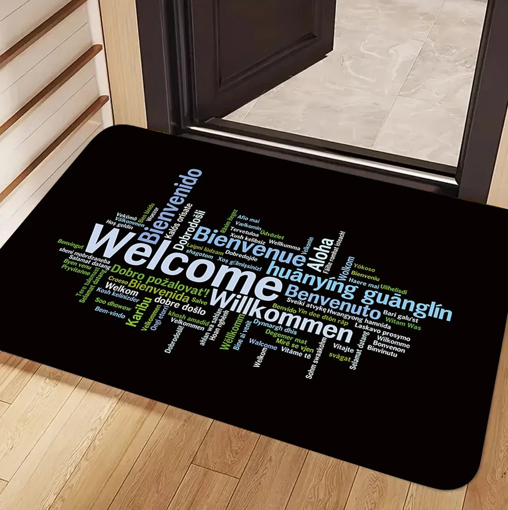tapis d'entrée moderne bienvenue multilingue noir coeurs verts