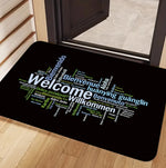 tapis d'entrée moderne bienvenue multilingue noir coeurs verts