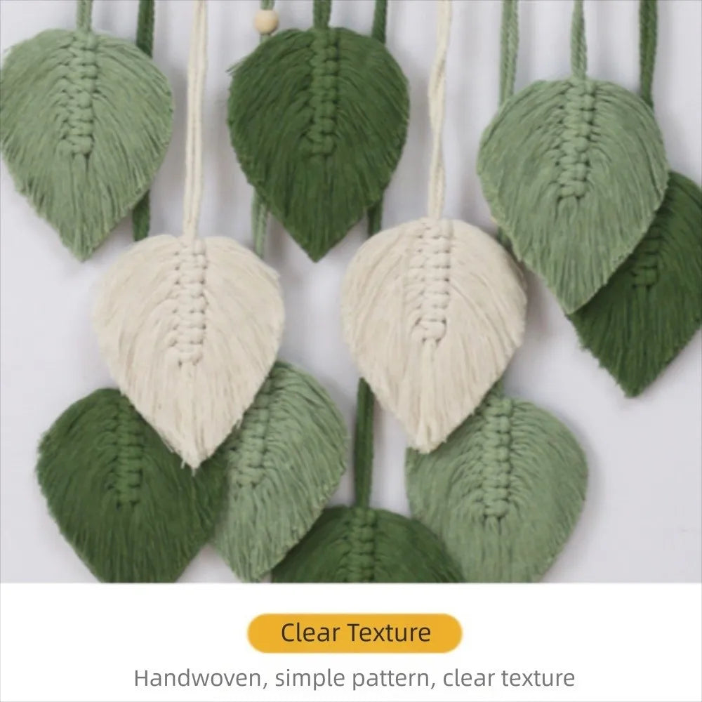 décoration murale boho feuilles coton tissage vert blanc rose artisanal